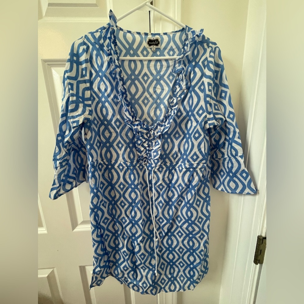 Mud Pie Blue & White Ruffle Cover Up Size Large